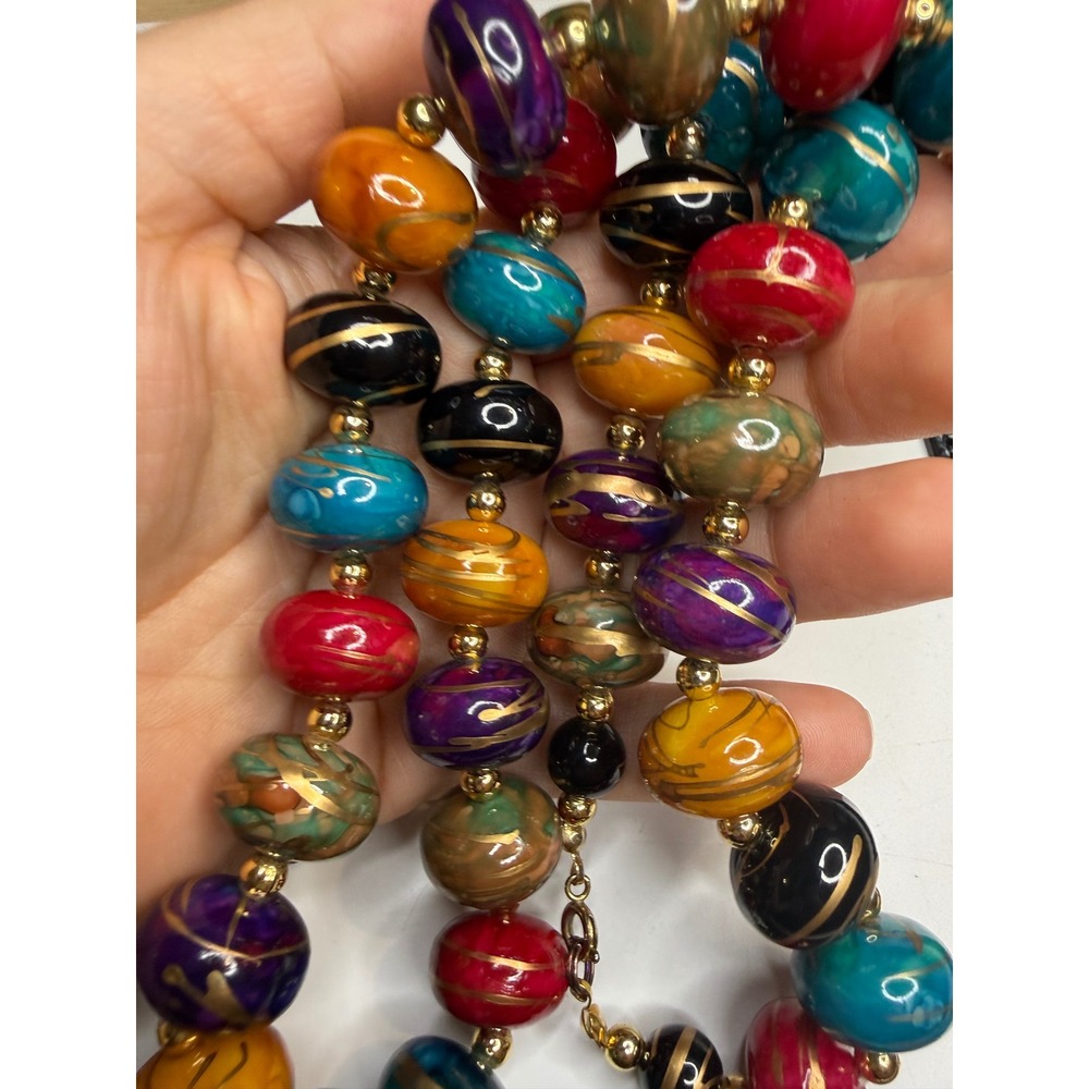 Multicolor Swirl Bead Statement Necklace Gold Tone Accents 28 Inch Long Boho